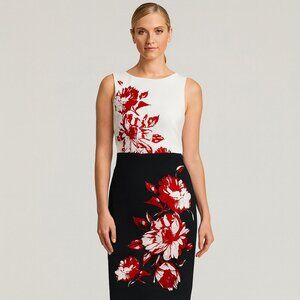 Danny & Nicole Red Floral Colorblock Sheath Dress Holiday Winter Midi Black 14